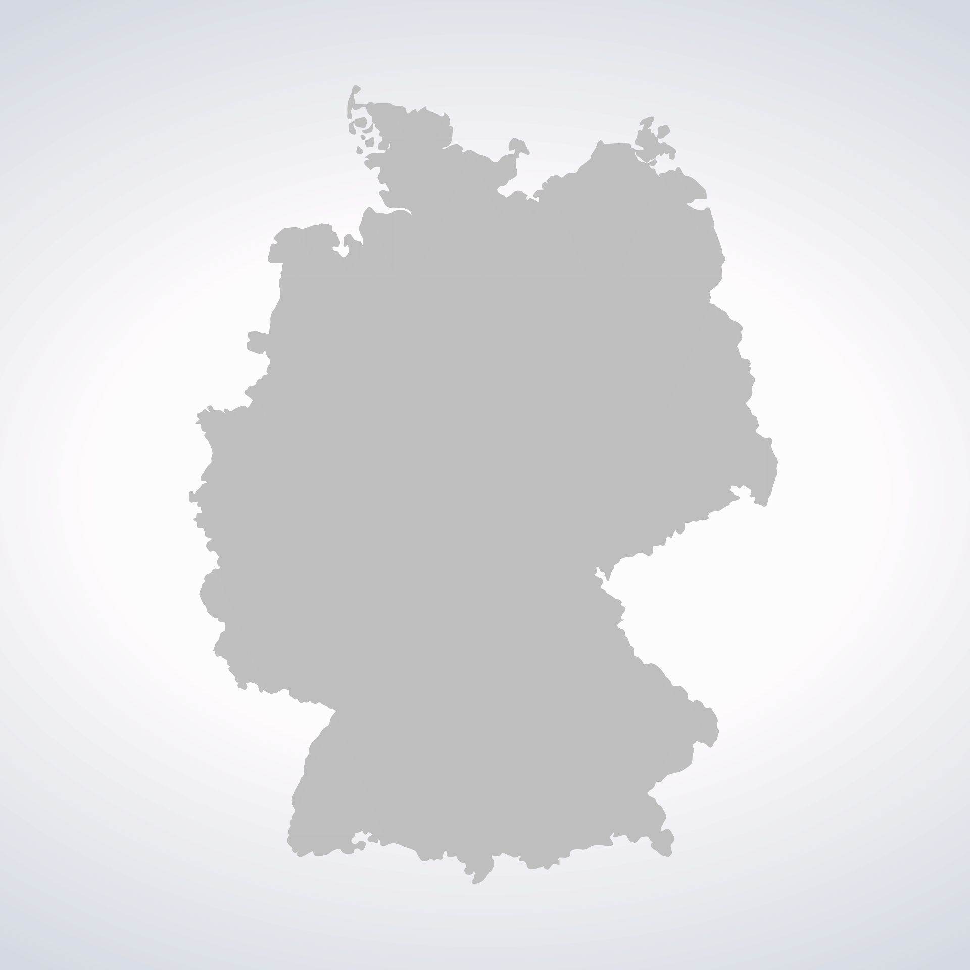 Deutschlandkarte mit Alfafood Standorten in Frankfurt, Nürnberg Nord, Nürnberg Süd, Schwabach, Regensburg, Ingolstadt, Augsburg, Neu-Ulm, München und Rosenheim